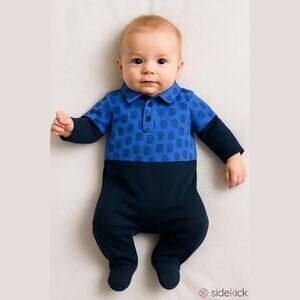 Feather Baby Boys Romper Size 3-6 Months Blue Gray Owl Print Footed Feet